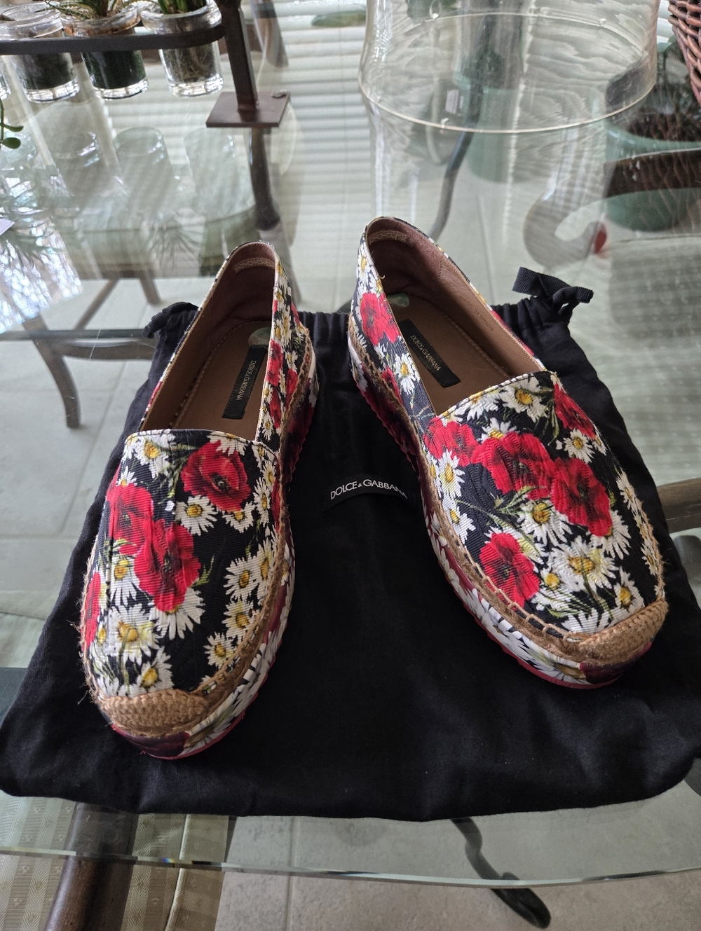 Dolce & Gabbana Espadrilles, Size 37 Red Pansy With White Daisies